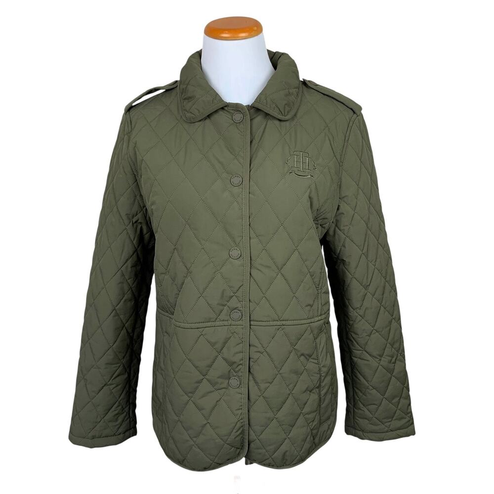 Tommy Hilfiger Quilted Jacket Green Pockets Snaps Puffer Long Sleeve Women's M